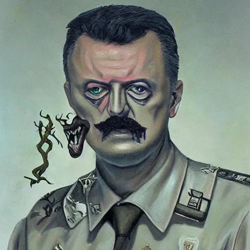 Image similar to igor ivanovich strelkov became an angry degraded satanic hellfire demonic abomination and calling for total mobilization, photo - realistic, color image, 2 k, highly detailed, bodyhorror, occult art