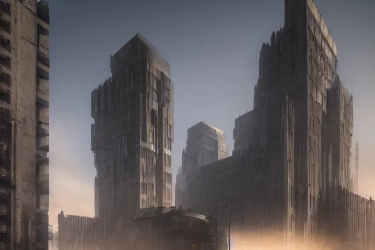 Image similar to streetscape, a towering cathedral of brutalist architecture, buildings covered with greebles, stunning volumetric light, sunset, metal, concrete and translucent material, stunning skies, majestic landscape, trending on Artstation, 8k, photorealistic, hyper detailed, unreal engine 5, IMAX quality, cinematic, epic lighting, in the style of Greg Rutkowski