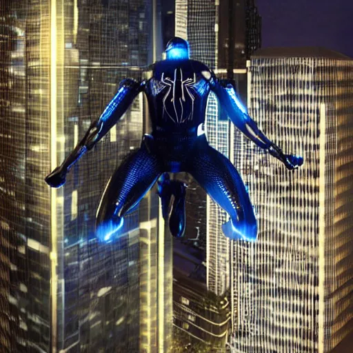 Prompt: black tech suit spider - man blue eyes hanging in tall tower at night rain ultra realistic high quality 8 k photo realistic highly detailed