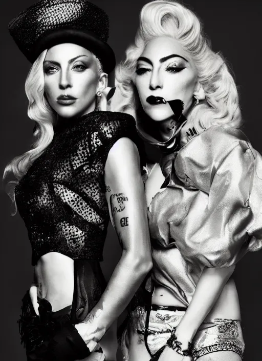 Prompt: lady gaga and madonna styled by nick knight showstudio, posing, high fashion classy, glamour, full body shot, set pieces, intricate set, vogue magazine, canon, highly realistic. high resolution. highly detailed. dramatic. 8 k. 4 k.