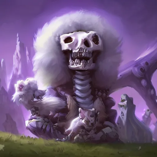 Image similar to cute fluffy animal skeleton creatures. hearthstone animal creatures, graveyard background, bright art masterpiece artstation. 8k, sharp high quality artwork in style of Jose Daniel Cabrera Pena and Greg Rutkowski, violet theme, concept art by Tooth Wu, hearthstone card game artwork