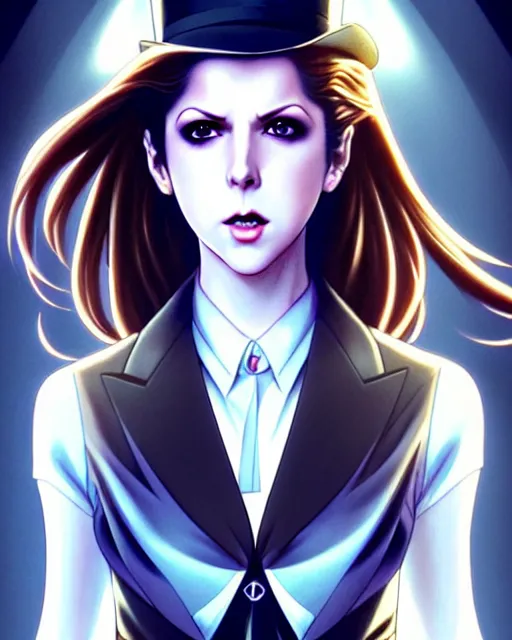 Image similar to ultra realistic, beautiful Anna Kendrick Zatanna DC Comics waist up floating, on stage, symmetrical face symmetrical eyes, smiling, modern anime, fantasy, eerie, intricate details, atmospheric, elegant, super highly detailed, professional digital painting, artstation, concept art, 8k, art by artgerm and eiichiro oda and koyoharu gotouge