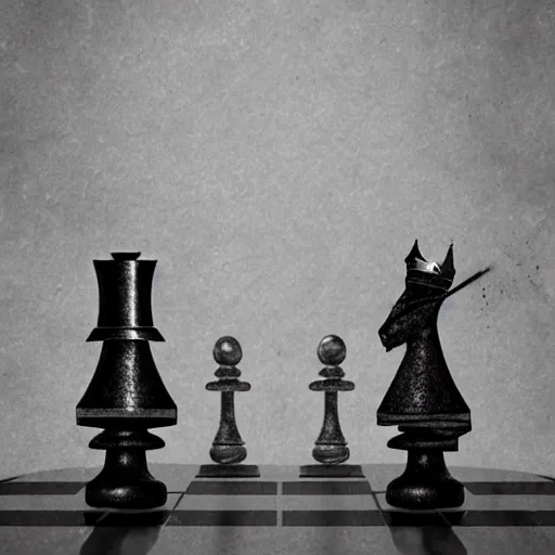 Image similar to two chess pieces fighting, the knight and the bishop on a wood chess board , fantasy art, in the style of greg rutkowski, illustration, epic, fantasy, intricate, hyper detailed, artstation, concept art, smooth, black and white, sharp focus, ray tracing