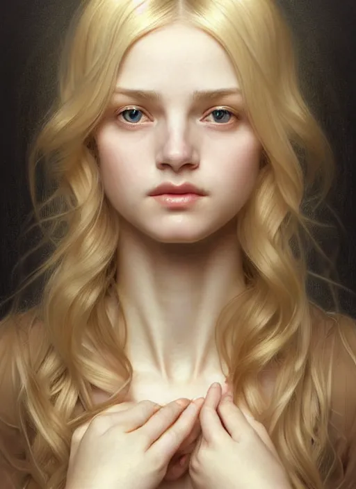 Prompt: beautiful symmetrical face, portrait of young woman blessed with ever - increasing physical and mental perfection, realism, blonde hair, perfect face!! intricate, elegant, highly detailed, vision of holy perfection!! digital painting, artstation, concept art, smooth, sharp focus, illustration, humanity, art by artgerm and greg rutkowski and alphonse mucha