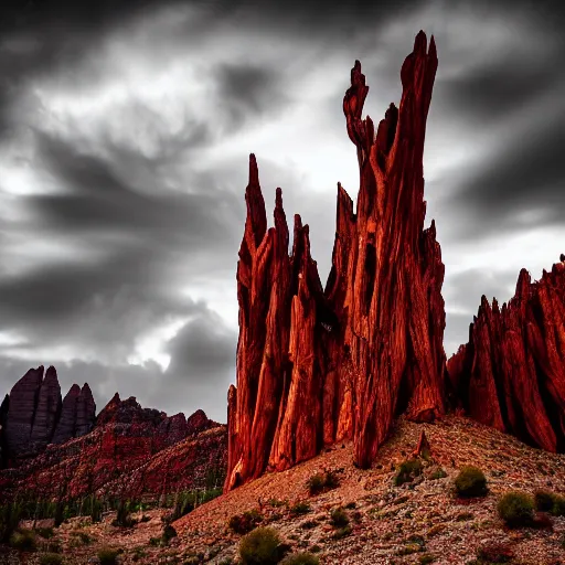 Prompt: hasselblad photograph of a epic dark gothic palace with tall spires made of hard red rock, gothic palace, GOTHIC PALACE! , bristlecone pine trees, ultrawide cinematic, dark dramatic skies, atmospheric, vultures