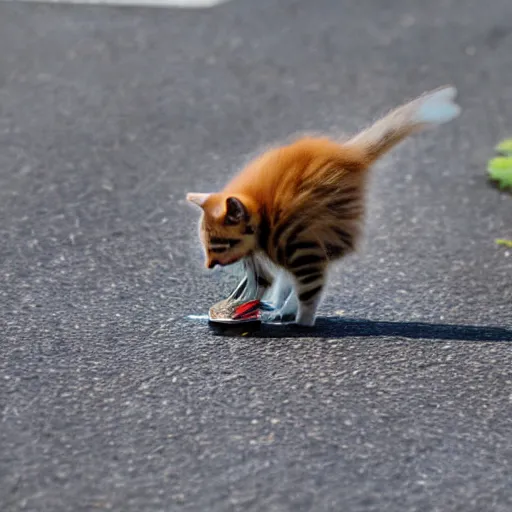 Image similar to kitten bird hybrid eating trash in the road