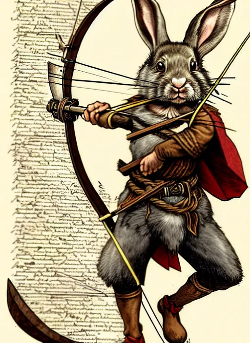 Image similar to a heroic rabbit archer with bow and arrow on a parchment background, redwall, greg rutowski and jean baptiste monge, detailed, epic fantasy concept art