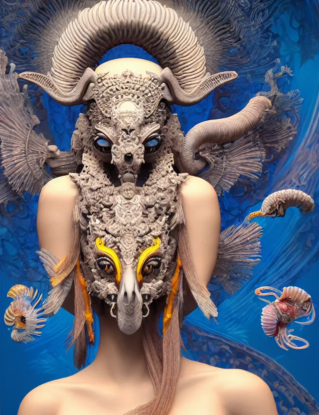 Image similar to 3 d goddess close - up 3 / 4 portrait with ram skull. beautiful intricately detailed japanese crow kitsune mask and clasical japanese kimono. betta fish, jellyfish phoenix, bio luminescent, plasma, ice, water, wind, creature, artwork by tooth wu and wlop and beeple and greg rutkowski