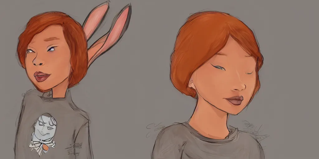 Image similar to women, dark skin, ginger, cartoon, sweatshirt, concept art, concept art, bunny ears,