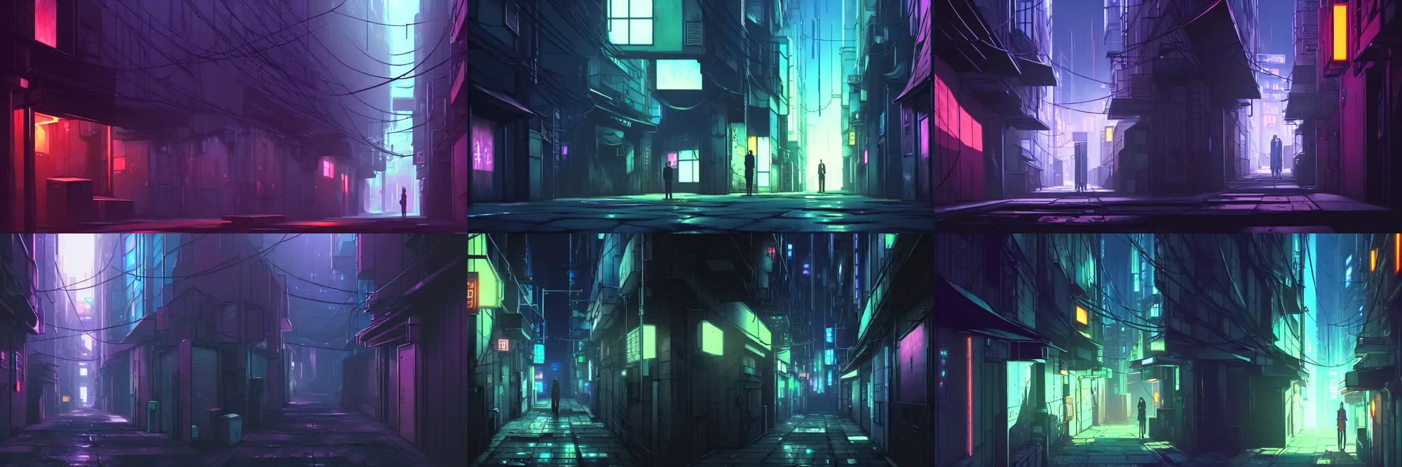 Image similar to a close up of a city alleyway in the atmospheric cyberpunk anime film, gouache matte background painting, neon noir, at night with lights, by makoto shinkai, in the anime series ergo proxy, beautiful specular edge highlights and rim lighting