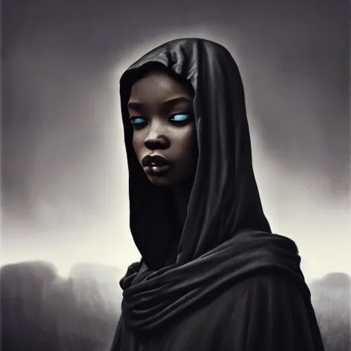 Image similar to a portrait of a young black woman wearing a long dark cloak, hood and shadows covering face, anatomically correct, beautiful perfect face, enigmatic, oil painting, matte painting, black background, Volumetric dynamic lighting, Highly Detailed, Cinematic Lighting, Unreal Engine, 8k, HD, by Beksinski