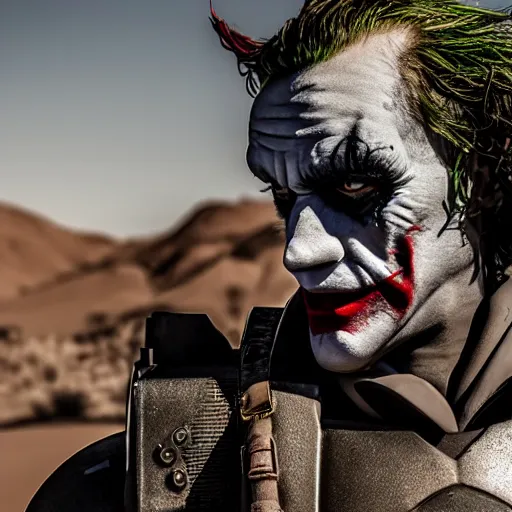 Image similar to cinematic portrait of the joker wearing t - 5 1 b power armor in the desert, 8 k, very detailed, very intricate,