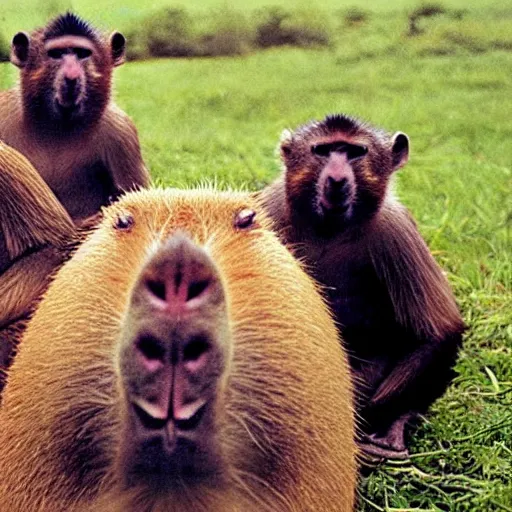 Prompt: a capybara and monkeys enjoying a hot source, documentary screenshot, bbc, attenborough, earth