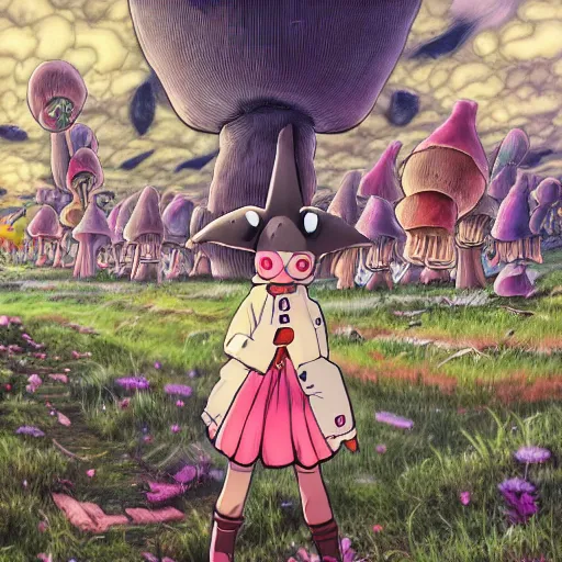 Image similar to 4 k headshot portrait of a psychedelic demonic anthropomorphic bunny rabbit with mushroom themed clothes, magic mushroom village in background. award winning. superb resolution. in the art style of junji ito and greg rutkowski. detailed mushroom city in background. hyper realistic anime. perfect art. dalle 2