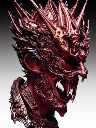 Prompt: portrait of a red male demon king face wearing shiny demonic crown, subtle dark accents and large fire wings, hyper details, black metal rococo, sculpted by Alex Alice, Craig Mullins, Yoji shinkawa, trending on artstation, beautifully lit, Peter Mohrbacher, hyper-detailed, insane details, intricate, elite, elegant, luxury, ray of light through smoke, CGsociety, hypermaximalist, golden ratio, by Greg Rutkowski, volumetric, octane render, weta digital, micro details, 3d sculpture