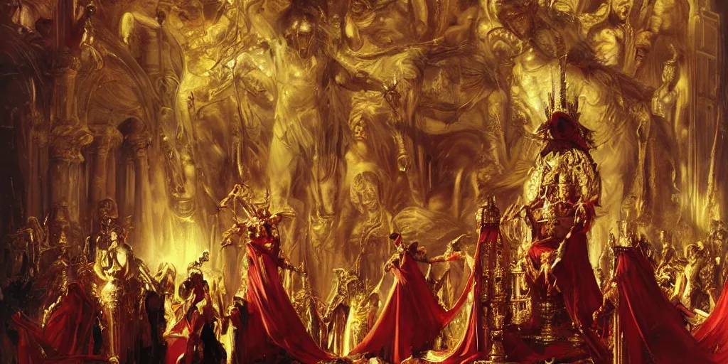 Prompt: beautiful oil painting, high details, alien in royal crimson robes enthroned as the alien god emperor of ancient civilization surrounded by servants in gilded halls a golden wreath upon his head, by anders zorn, wonderful masterpiece by greg rutkowski, beautiful cinematic light, american romanticism, by giger, rolf armstrong, ernie barnes