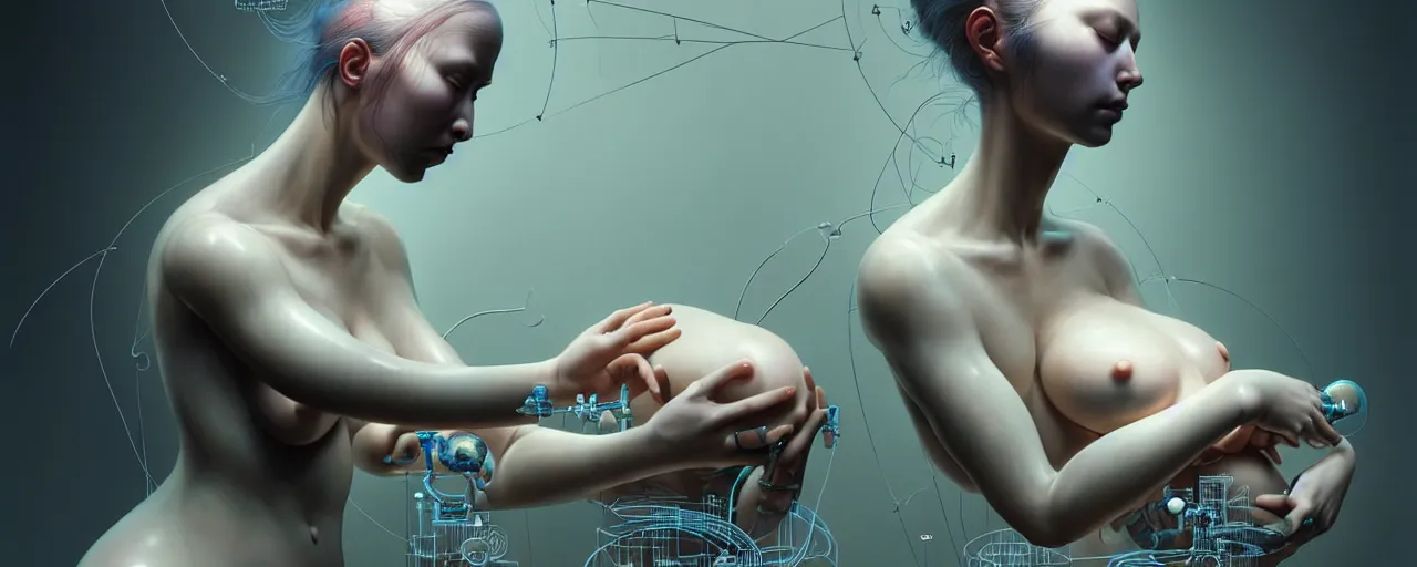 Image similar to hyperrealistic photography of a gorgeous female scientist constructing a birthing machine in the style of jin kagetsu, james jean, chris cunningham, hans bellmer and wlop, highly detailed, face symmetry, masterpiece, award - winning, sharp focus, intricate concept art, ambient lighting, 8 k, artstation