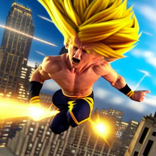 Image similar to photorealistic of an hyper realistic super sayan trump flying in the sky and prepare a kamehameha above new york city. accurate and high details on trump's face. intricate, highly detailed, unreal engine 5.