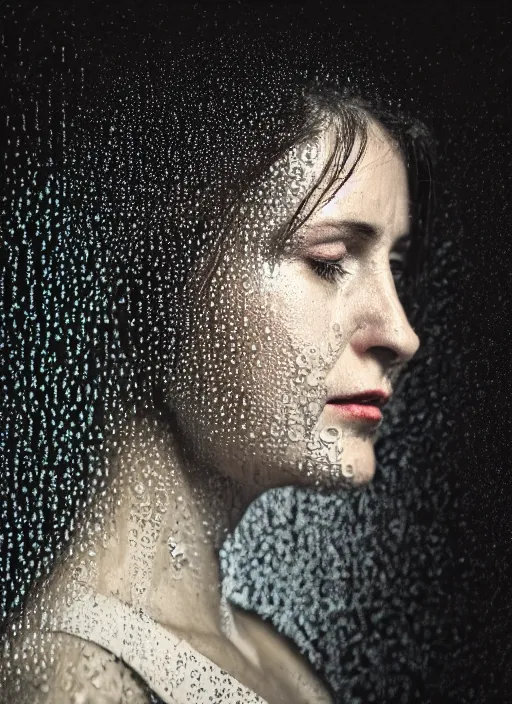 Image similar to a woman's face in profile, made of water droplets, in the style of the Dutch masters and Gregory Crewdson, dark and moody