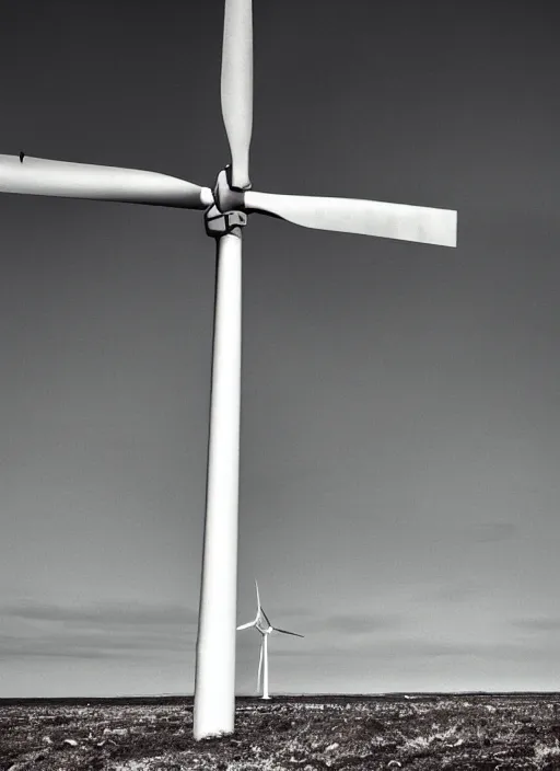 Prompt: cinematic artwork close up of a broken and rusted wind turbine standing alone in a dried up ocean, digital art