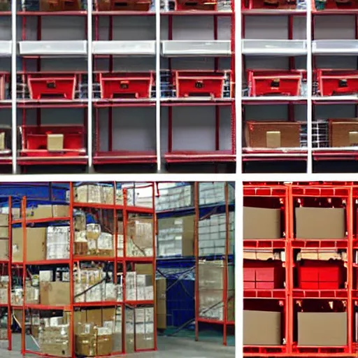 Image similar to two frames of equal size, the first a warehouse full of boxes, the second is the same picture but the boxes are red