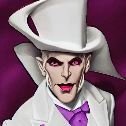 Image similar to a purple skinned tiefling wearing a white suit and tophat