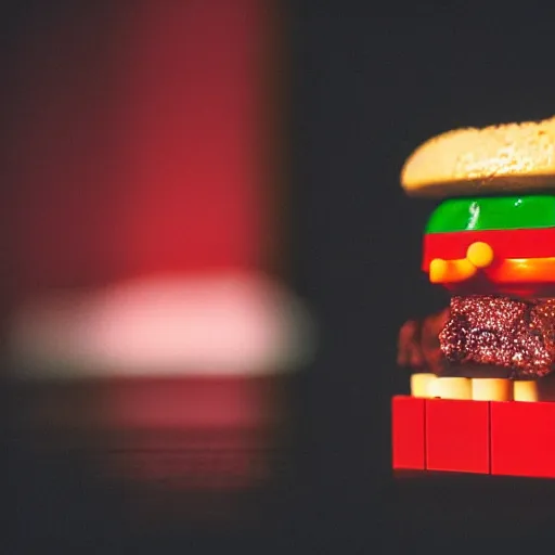 Prompt: a LEGO hamburger, photograph in a dark room, low light 35mm