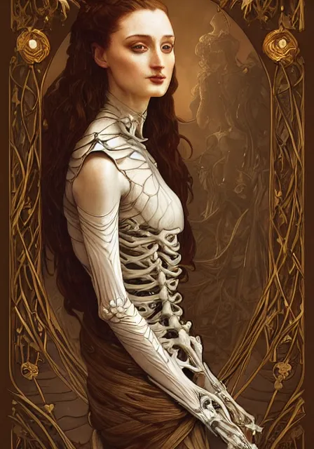 Image similar to skeleton sansa in skeleton deaths, intricate, elegant, highly detailed, digital painting, artstation, concept art, smooth, sharp focus, illustration, art by artgerm and greg rutkowski and alphonse mucha and william - adolphe bouguereau