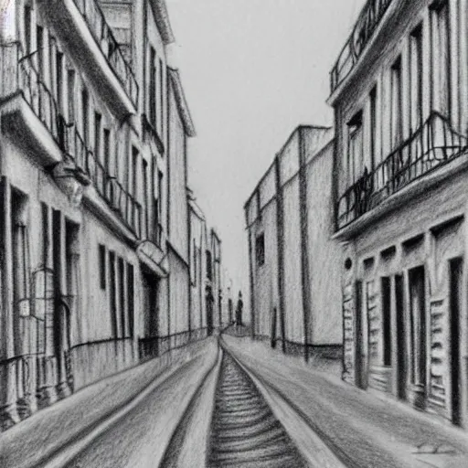 Prompt: ultrarealistic pencil drawing by Isabel Quintanilla, of a quiet street in Madrid, 1984