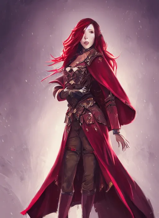 Image similar to a highly detailed illustration of beautiful long dark red haired woman wearing wine red epaulette uniform and coat cape, dramatic wielding strings pose, intricate, elegant, highly detailed, centered, digital painting, artstation, concept art, smooth, sharp focus, league of legends concept art, wlop