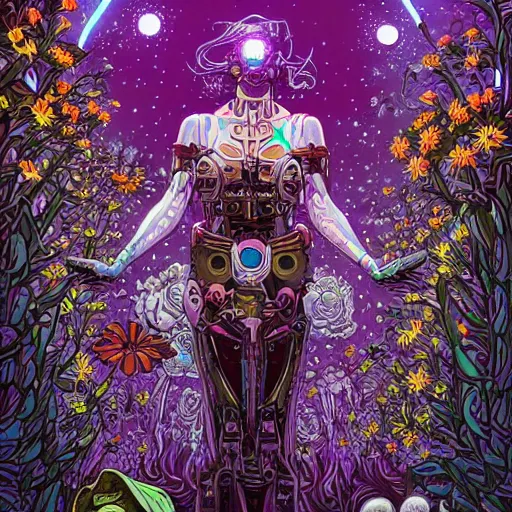 Image similar to the cyborg priestess surrounded by mechanical flowers, Dan Mumford