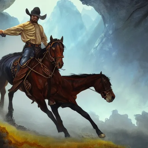 Prompt: fantasy book cover painting, dramatic shot of a cowboy riding a horse, ultradetailed, wallpaper, 4k, prismatic