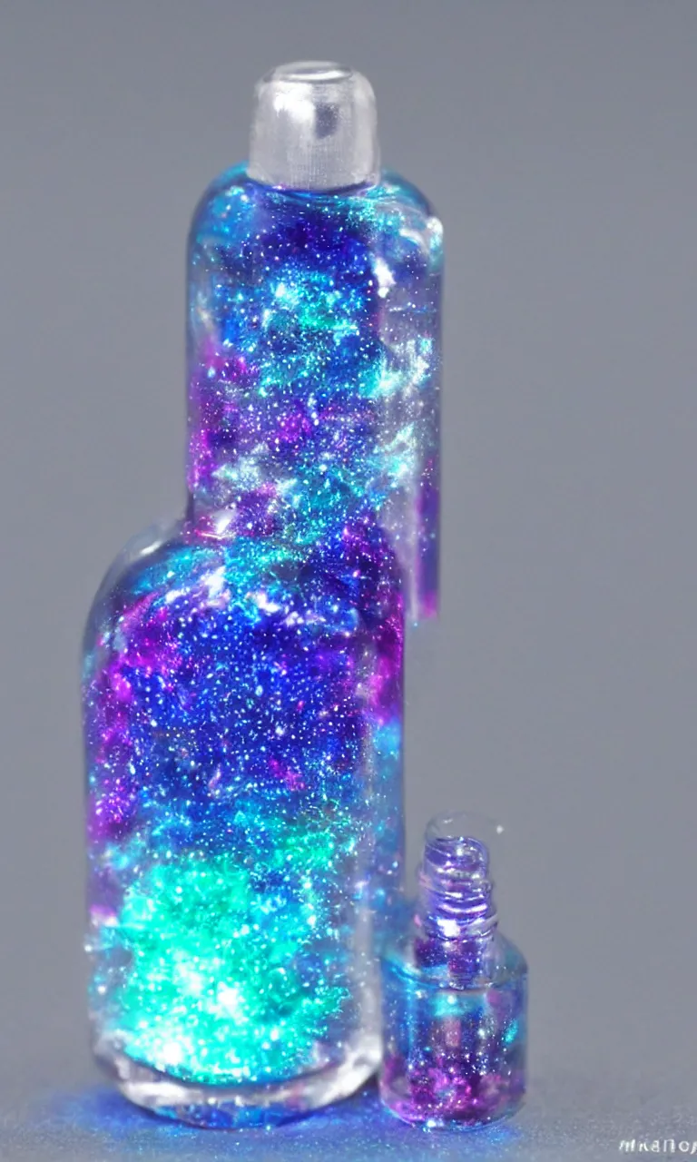 Image similar to a tiny plastic bottle filled with a magic glowing blue magenta and magic dust. anime style, takumi fujiwara