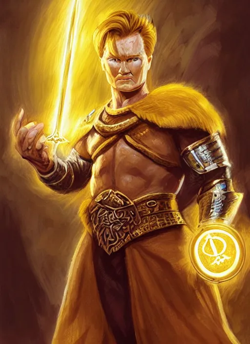 Prompt: detailed illustration of conan o'brien as a dnd paladin with short blond hair and big muscles, yellow hair, casting a protection spell, by raymond swanland