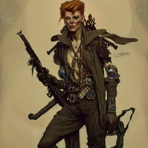 Prompt: post apocalyptic david bowie, fantasy, d & d, intricate, detailed, by by alphonse mucha, adolfo hohenstein, alice russell glenny, stanley artgerm lau, greg rutkowski, detailed, trending on artstation, trending on artstation, smooth