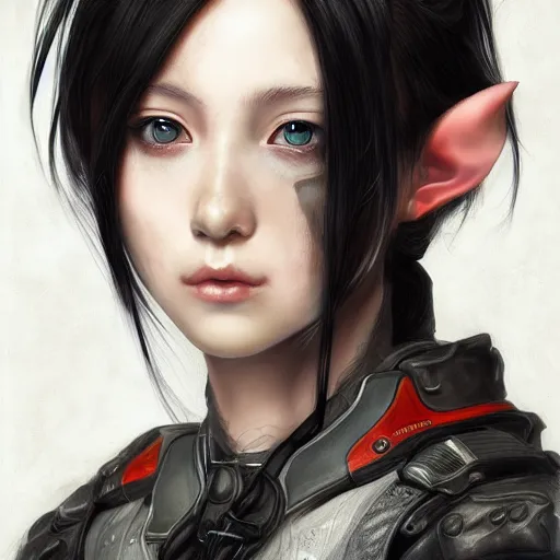 Image similar to portrait of an elf girl by ayami kojima, she is about 2 0 years old, mixture between british and japanese, black bob hair, and she is wearing a modern tactical gear, scifi, highly detailed portrait, digital painting, artstation, concept art, smooth, sharp foccus ilustration, artstation hq