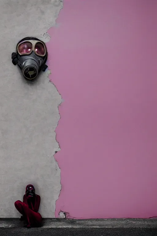 Prompt: a surreal portrait intertwined and contorted figures wearing gas mask next to a pink wall in the style of brooke didonato, editorial fashion photography from vogue magazine, full shot, nikon d 8 1 0, ƒ / 2. 5, focal length : 8 5. 0 mm, exposure time : 1 / 8 0 0, iso : 2 0 0