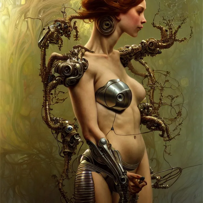 Image similar to organic cyborg, diffuse lighting, fantasy, intricate, elegant, highly detailed, lifelike, photorealistic, digital painting, artstation, illustration, concept art, smooth, sharp focus, correct human hand proportions, art by john collier and albert aublet and krenz cushart and artem demura and alphonse mucha