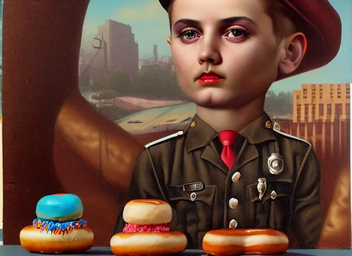 Image similar to a police officer made of donuts, lowbrow, matte painting, 3 - d highly detailed, in the style of mark ryden,