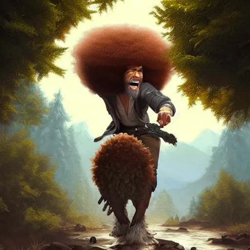 Prompt: bob ross!!! riding!!! a raptor!!, giant afro!, model pose, ultra realistic, concept art, intricate details, highly detailed, photorealistic, octane render, 8 k, unreal engine. art by artgerm and greg rutkowski and alphonse mucha