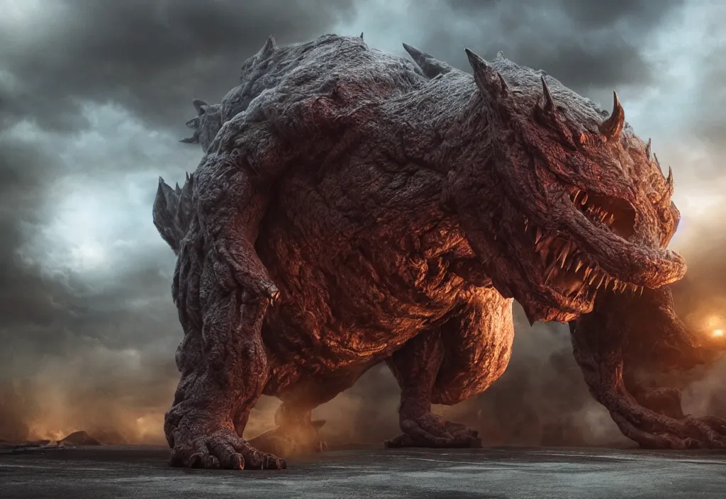 Image similar to vfx color film closeup, huge behemoth monster creature beast by aaron sims, in residential street, low - key lighting award winning photography arri alexa cinematography, hyper real photorealistic cinematic beautiful, atmospheric