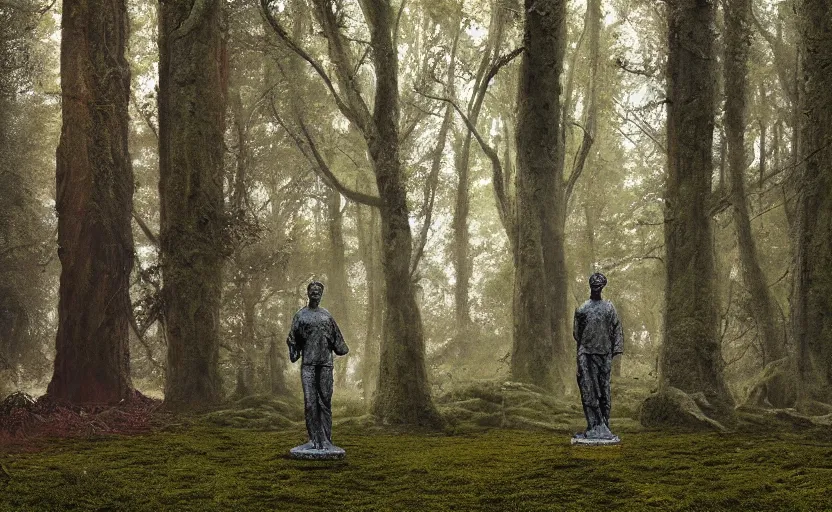 Prompt: a mossy marble statue of Cristiano Ronaldo abandoned in the middle of a forest near a lake at sunset by Greg Rutkowski, concept art, godrays, complementary colors, calm, relaxing, beautiful landscape, highly detailed, high quality, 4k HDR, path tracing, serene landscape, high coherence, soft lighting