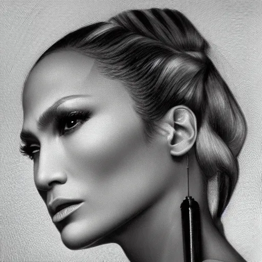 Image similar to Jennifer Lopez, head and shoulders portrait, extremely detailed masterpiece, one single continues line.