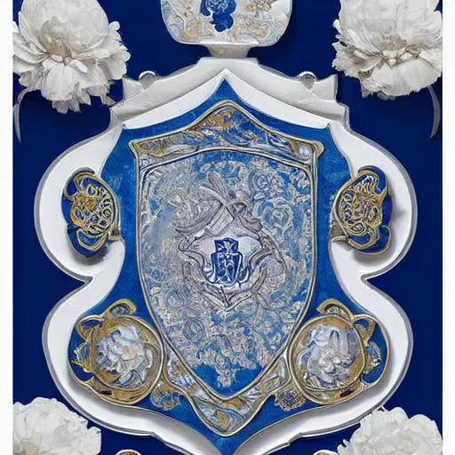 Image similar to A Shield: Clear white texture with artistically executed decorations of peonies foliated scrolls dragons and medallions in white reserve on an opaque mazarine blue ground. Capped with metal