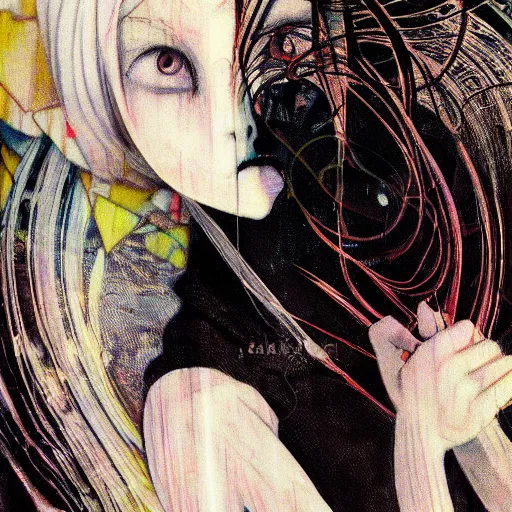 Image similar to yoshitaka amano blurred and dreamy realistic portrait of a woman with black eyes and white hair wearing dress suit with tie, junji ito abstract patterns in the background, satoshi kon anime, noisy film grain effect, highly detailed, renaissance oil painting, weird portrait angle, blurred lost edges, three quarter view