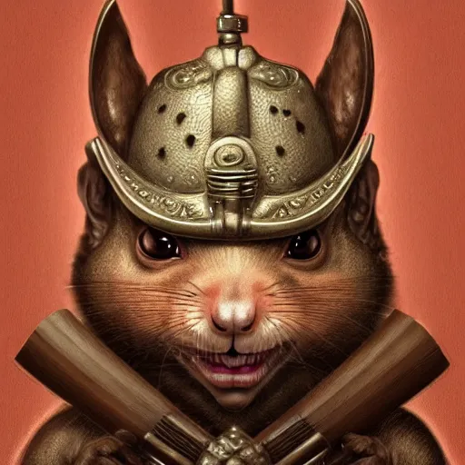 Image similar to detailed baroque portrait of a grotesque squirrel in a Japanese helmet and with katana, realistic creature concept, gazing eyes, beautiful eyes medium shot, elegant pose, fantasy, illustration, artstation, cinematic lighting, hyperdetailed, cgsociety, 8k Resolution, high resolution, Charlie Bowater, Tom Bagshaw, Tom Richmond, single face, insanely detailed and intricate, beautiful, elegant, golden ratio