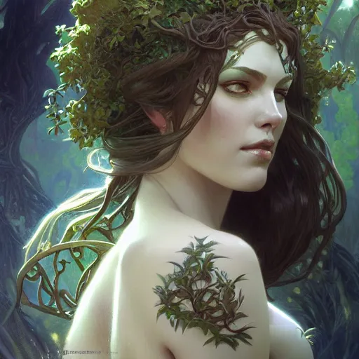 Image similar to Mischievous Dryad as Guardian, western, closeup, D&D, fantasy, intricate, elegant, highly detailed, digital painting, artstation, concept art, matte, sharp focus, illustration, art by Artgerm and Greg Rutkowski and Alphonse Mucha