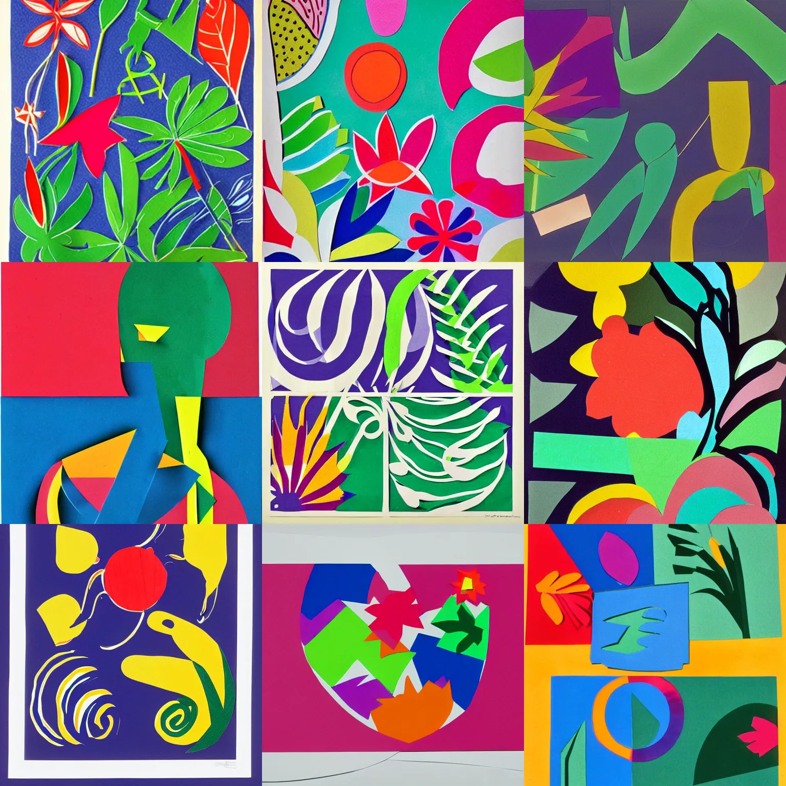 Prompt: colorful paper cut out artwork by Henri Matisse