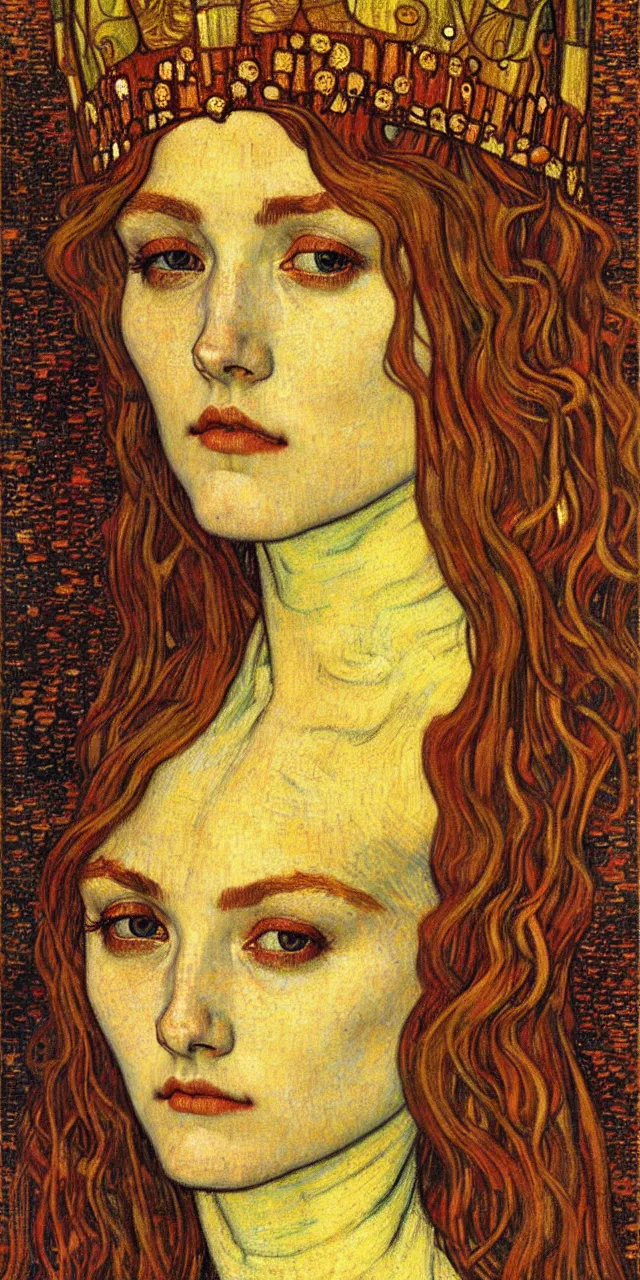 Image similar to detailed realistic beautiful young medieval queen face portrait by jean delville, gustav klimt and vincent van gogh, art nouveau, symbolist, visionary, gothic, pre - raphaelite, muted earthy colors, desaturated