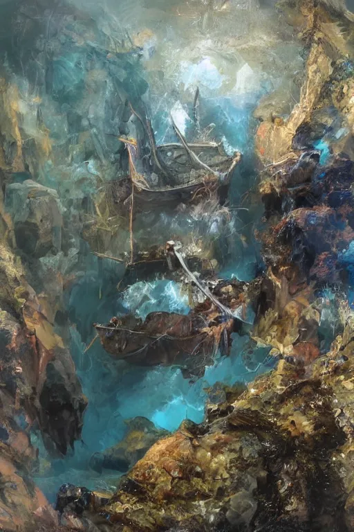 Prompt: a pirateship wreck in a crystal gorge, river running thru the middle, by tomasz alen kopera and Justin Gerard.